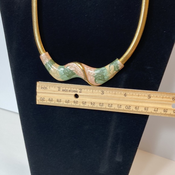 Gold Tone Snake Chain & Enamel Vintage Choker Green Light Pink - Picture 6 of 13